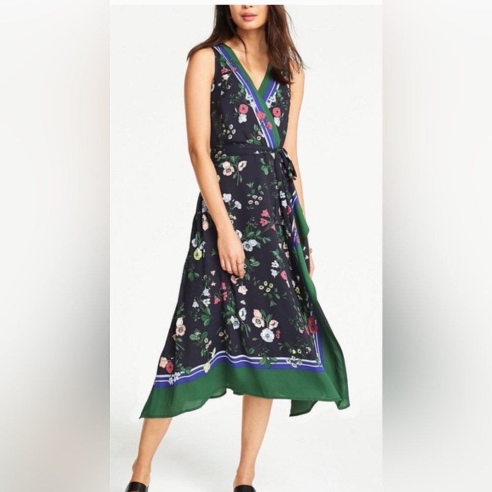 Ann Taylor Blue Green Floral Border Sleeveless Dress